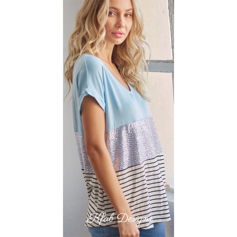 💙LAST 2! Sequins/Stripe V Neck Color Block Top! - Picture 5 of 6